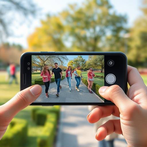Smartphone displaying an AR game where virtual characters are superimposed onto a real-world park setting